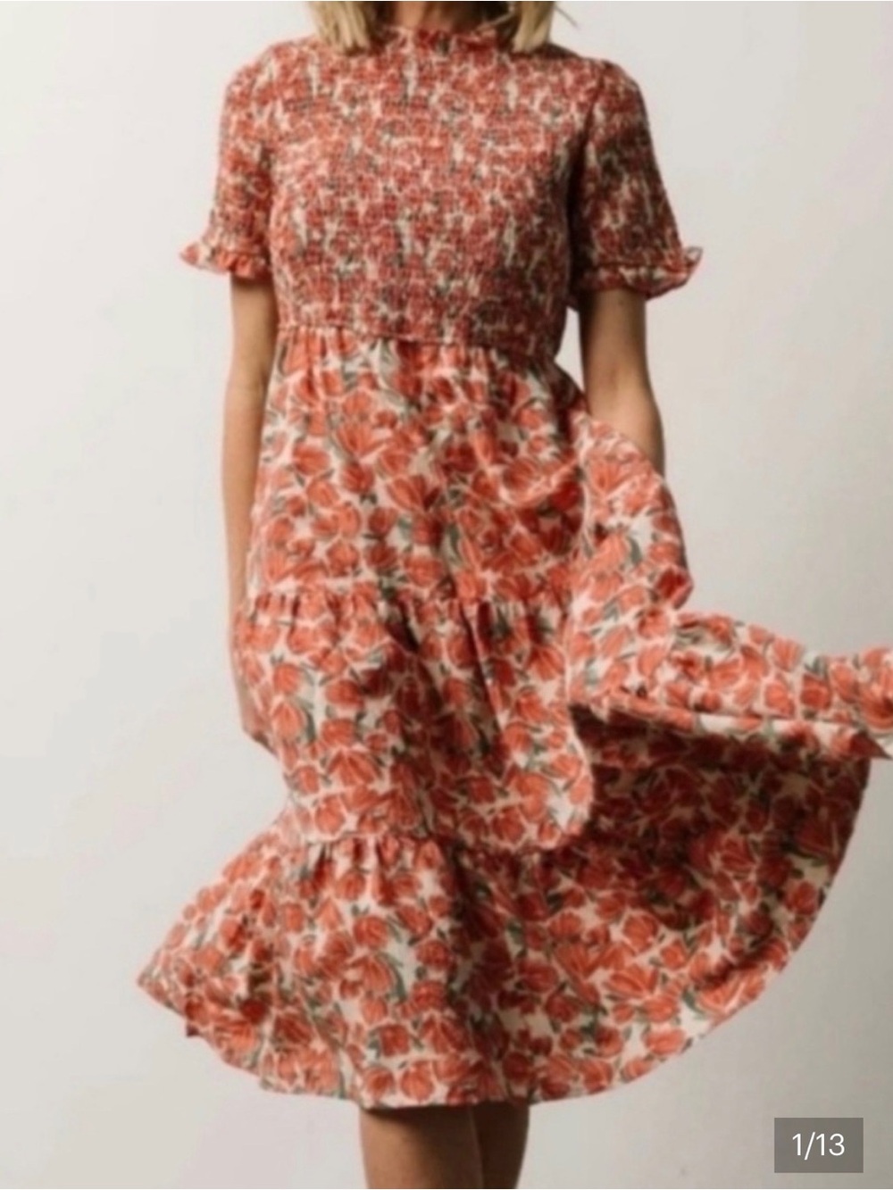 Baltic Born Coral Floral Smocked Tiered Midi Dress HY5661FL - small